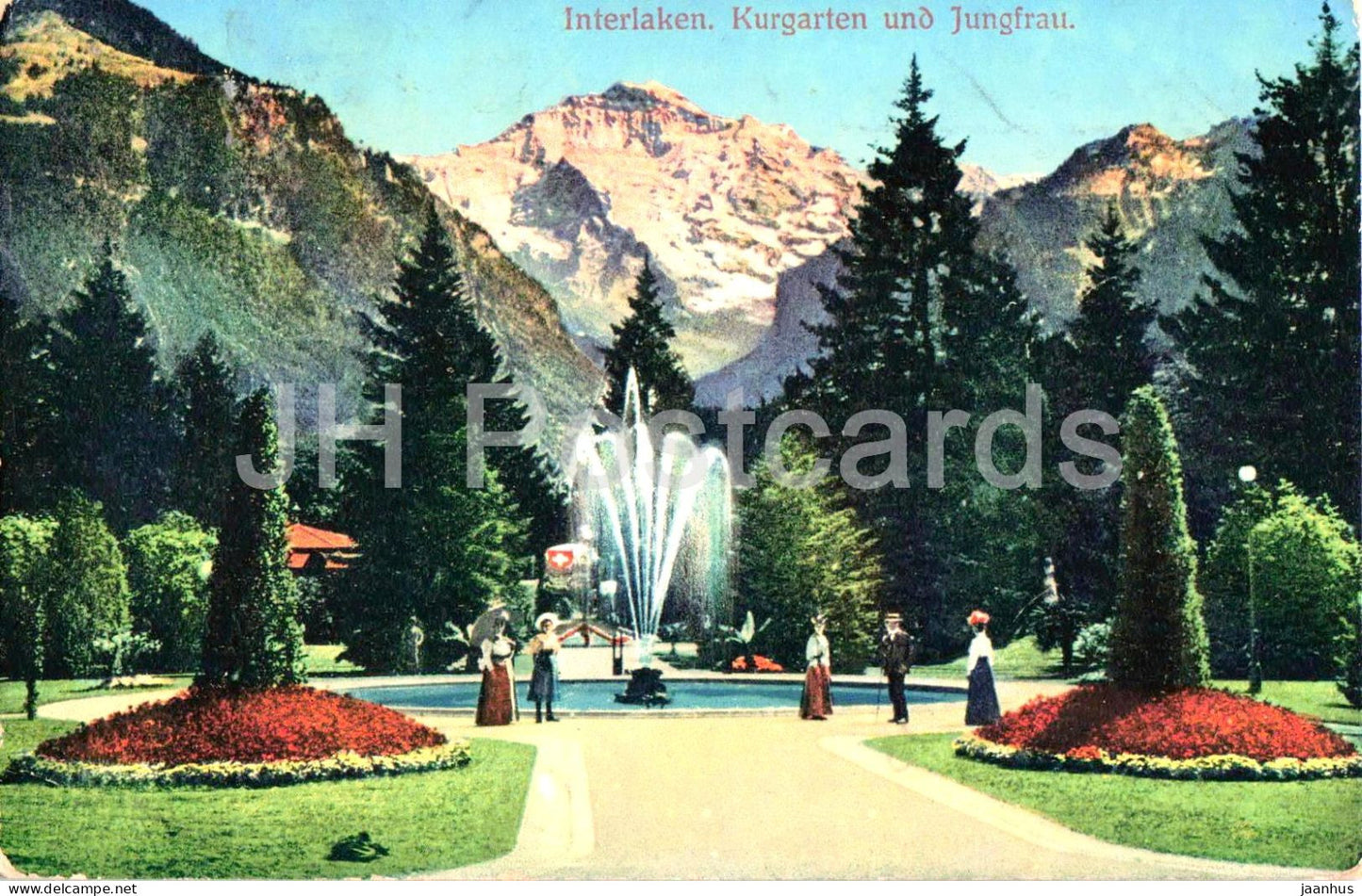 Interlaken - Kurgarten und Jungfrau - Jungfrau - park - fountain - 3060 - old postcard - 1910 - Switzerland - used - JH Postcards