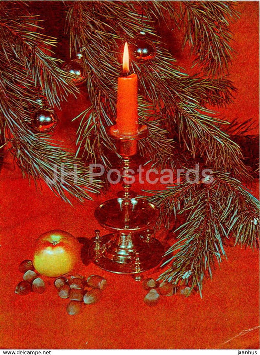 New Year Greeting card - 2 - candle - decorations - nuts - 1982 - Estonia USSR - used - JH Postcards