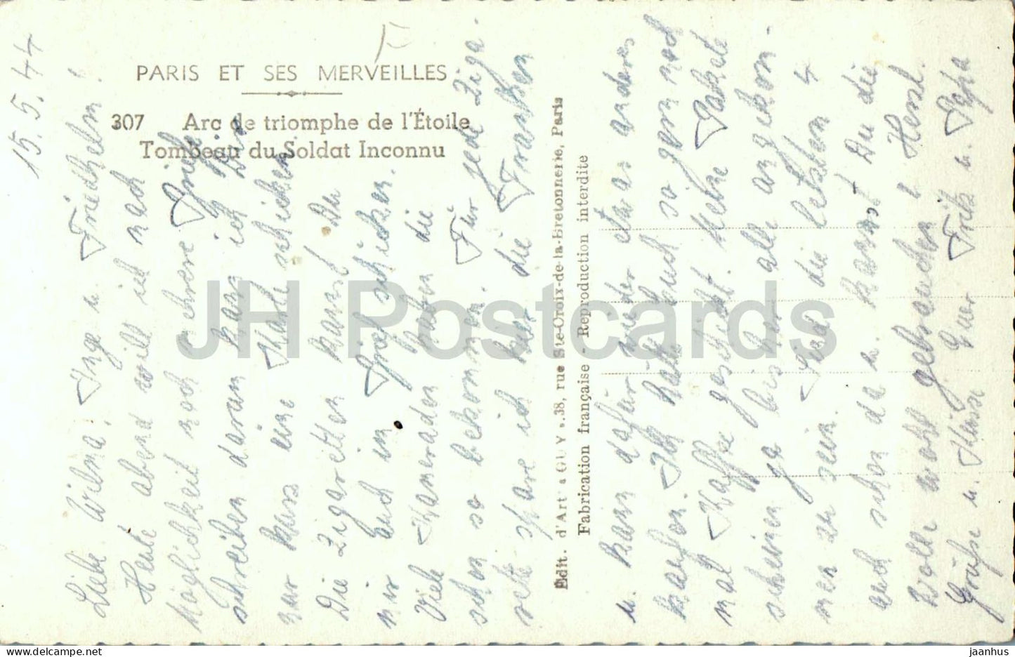 Paris - Arc de triomphe de l'Etoile - Tombeau du Soldat Inconnu Tomb of the Soldier old postcard - 1944 - France - used