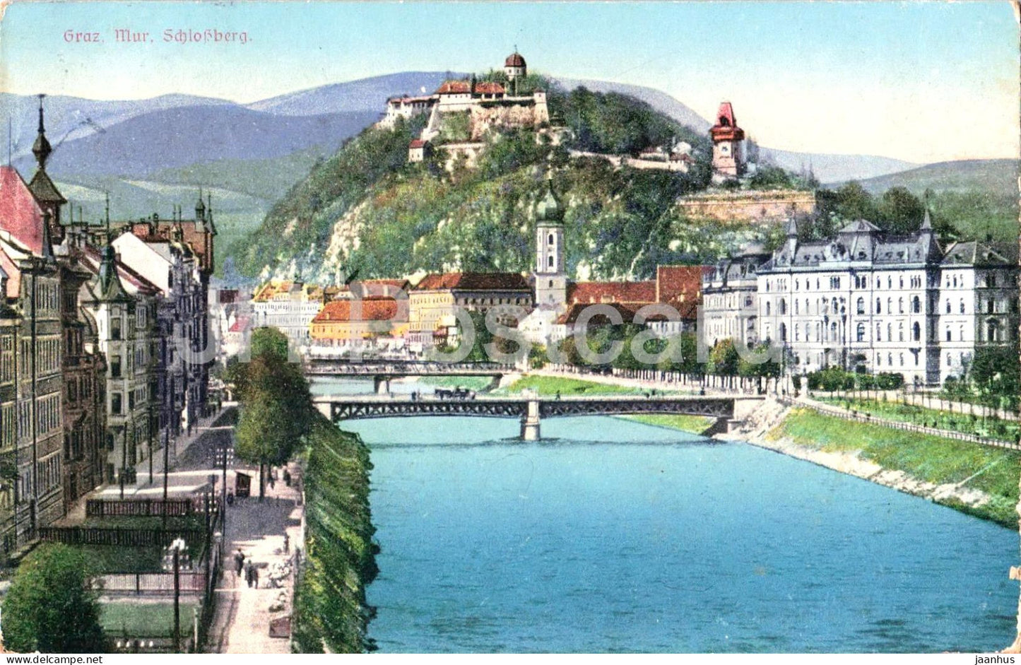 Graz - Mur - Schlossberg - city view - river - No. 18352 - old postcard - 1919 - Austria - used - JH Postcards