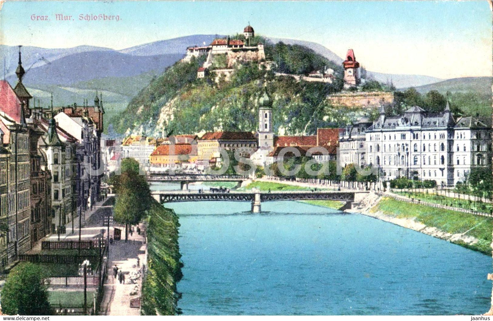 Graz - Mur - Schlossberg - city view - river - No. 18352 - old postcard - 1919 - Austria - used - JH Postcards