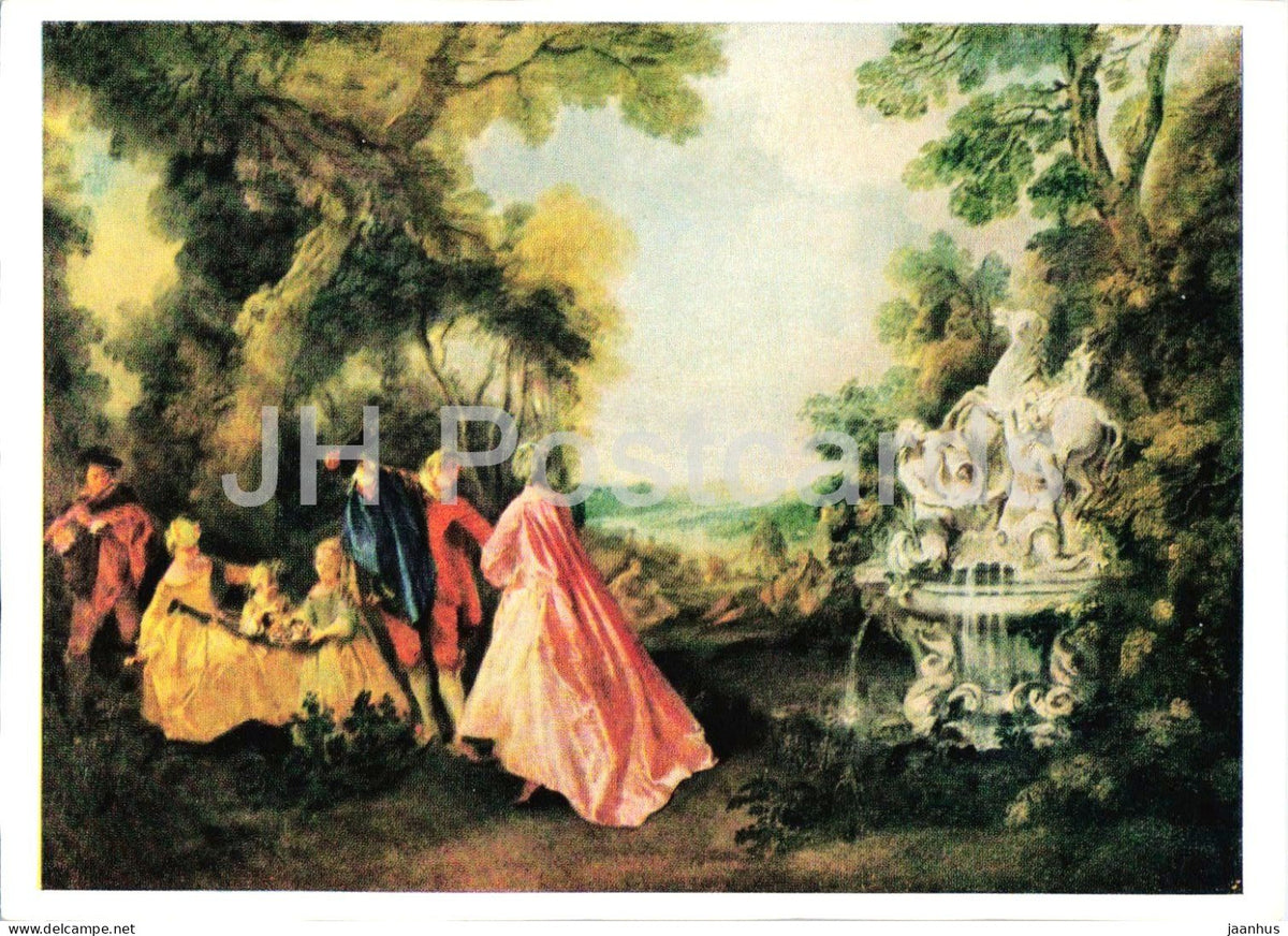 painting by Nicolas Lancret - Company at a Fountain - Gesellschaft bei einer Fontane - French art - Germany DDR - unused - JH Postcards
