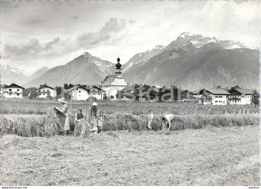 Reith im Alpbachtal - Tirol - rural life haymaking village church mountains - old postcard - Austria - unused - JH Postcards