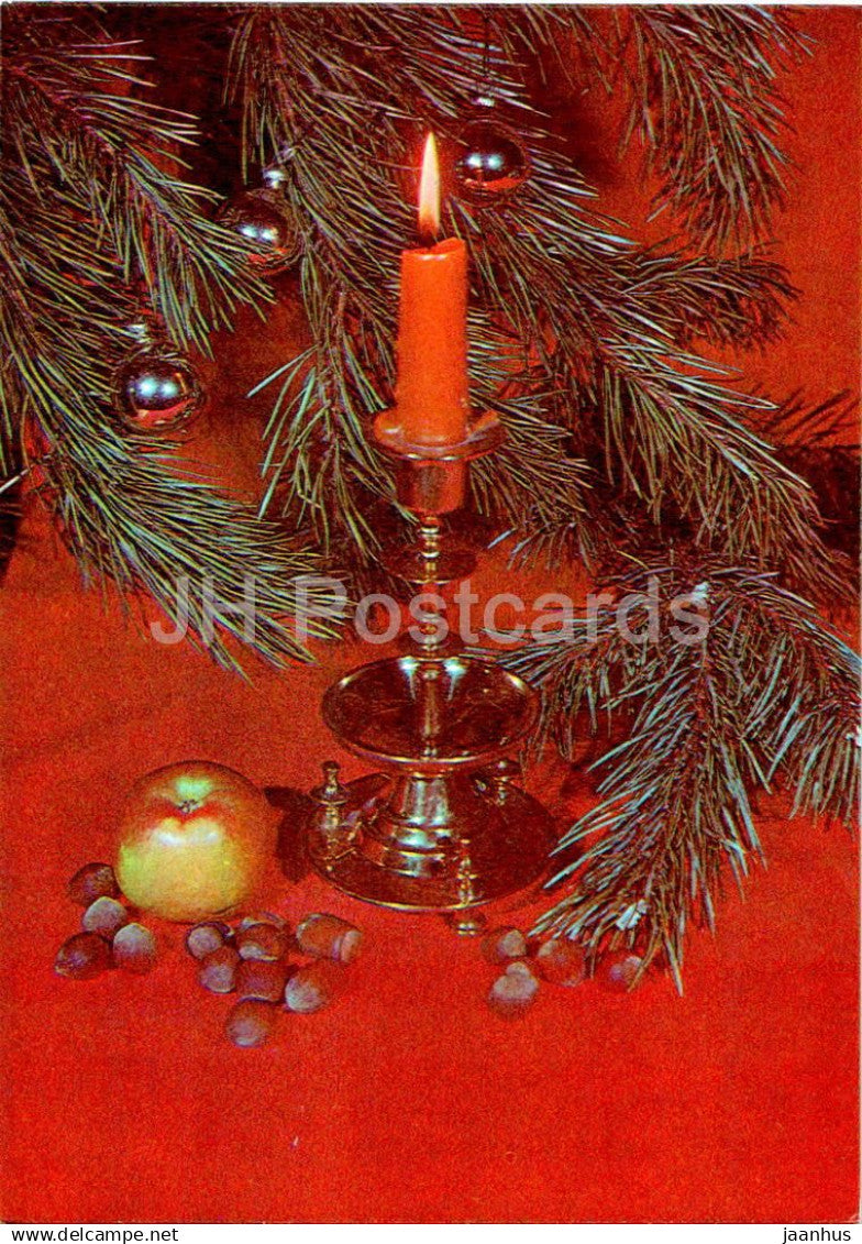New Year Greeting card - 1 - candle - decorations - nuts - 1982 - Estonia USSR - used - JH Postcards