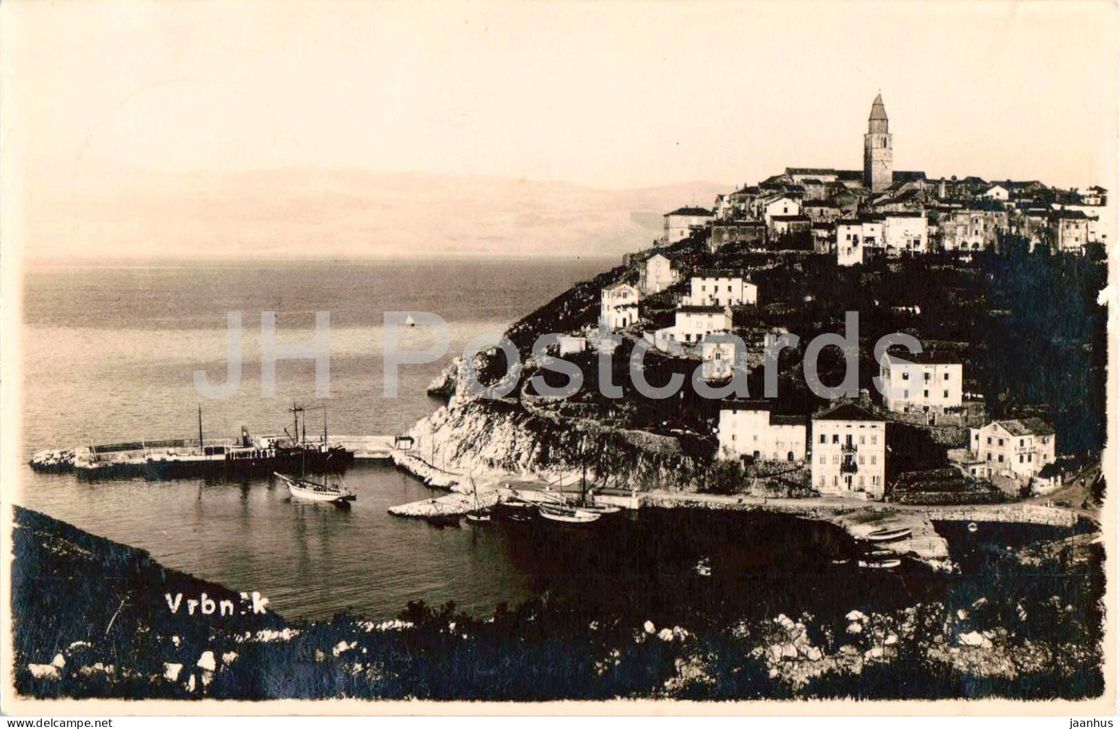 Vrbnik - coastal town - harbor - boats - old postcard - 1930s - Croatia - used - JH Postcards