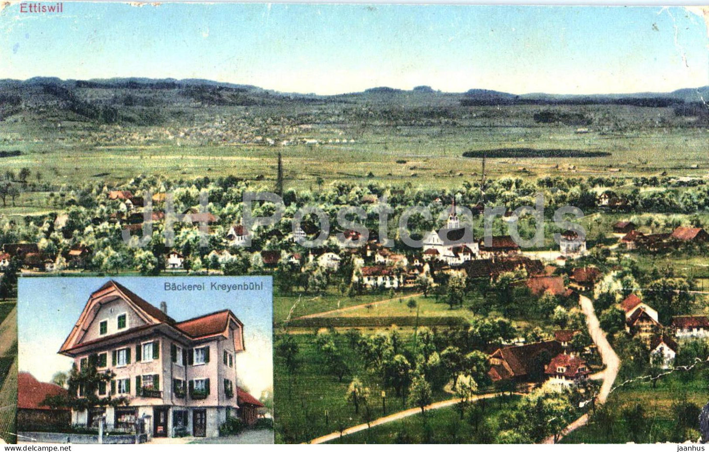 Ettiswil  - Backerei Kreyenbuhl - town view - bakery - old postcard - Switzerland - used - JH Postcards