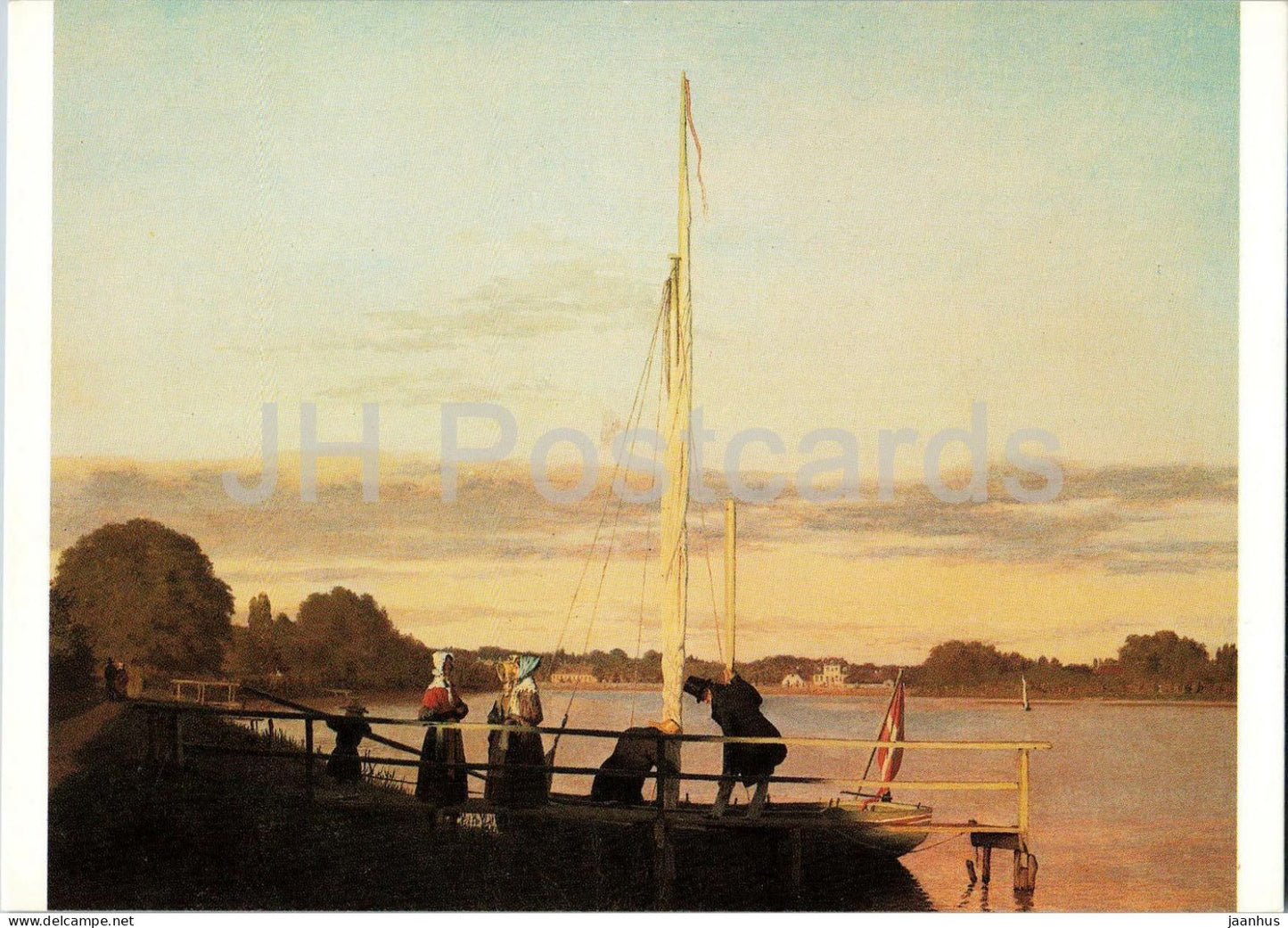 painting by Christian Kobke - Aussicht von Dosseringen - sailboat on lake at sunset - Switzerland - unused - JH Postcards
