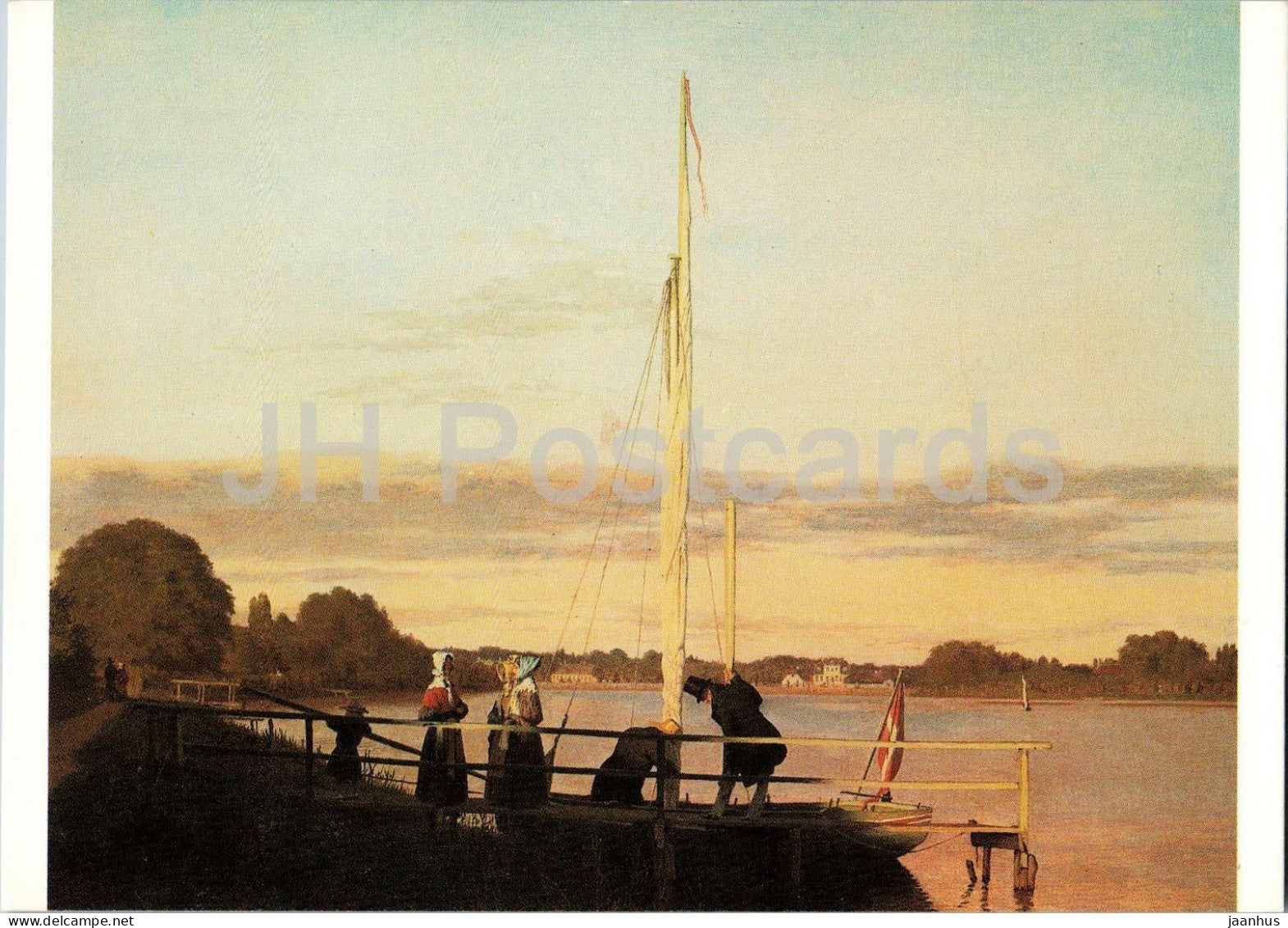 painting by Christian Kobke - Aussicht von Dosseringen - sailboat on lake at sunset - Switzerland - unused - JH Postcards