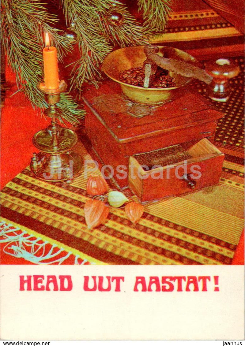 New Year Greeting card - 5 - candle - coffee grinder - 1982 - Estonia USSR - used - JH Postcards