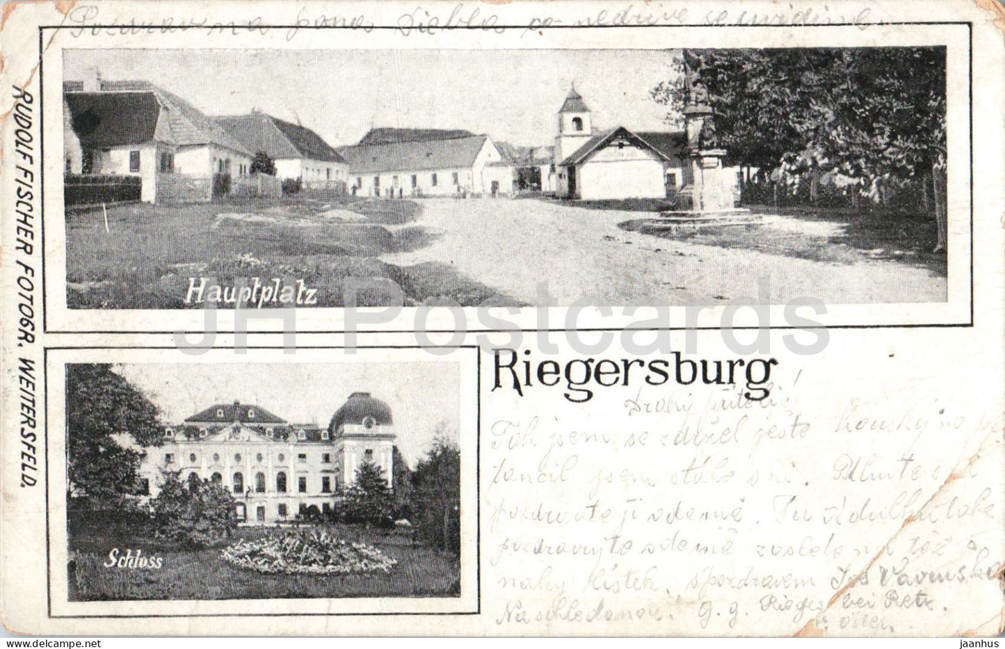 Riegersburg - Hauptplatz - Schloss - village square and castle - old postcard - Austria - used - JH Postcards