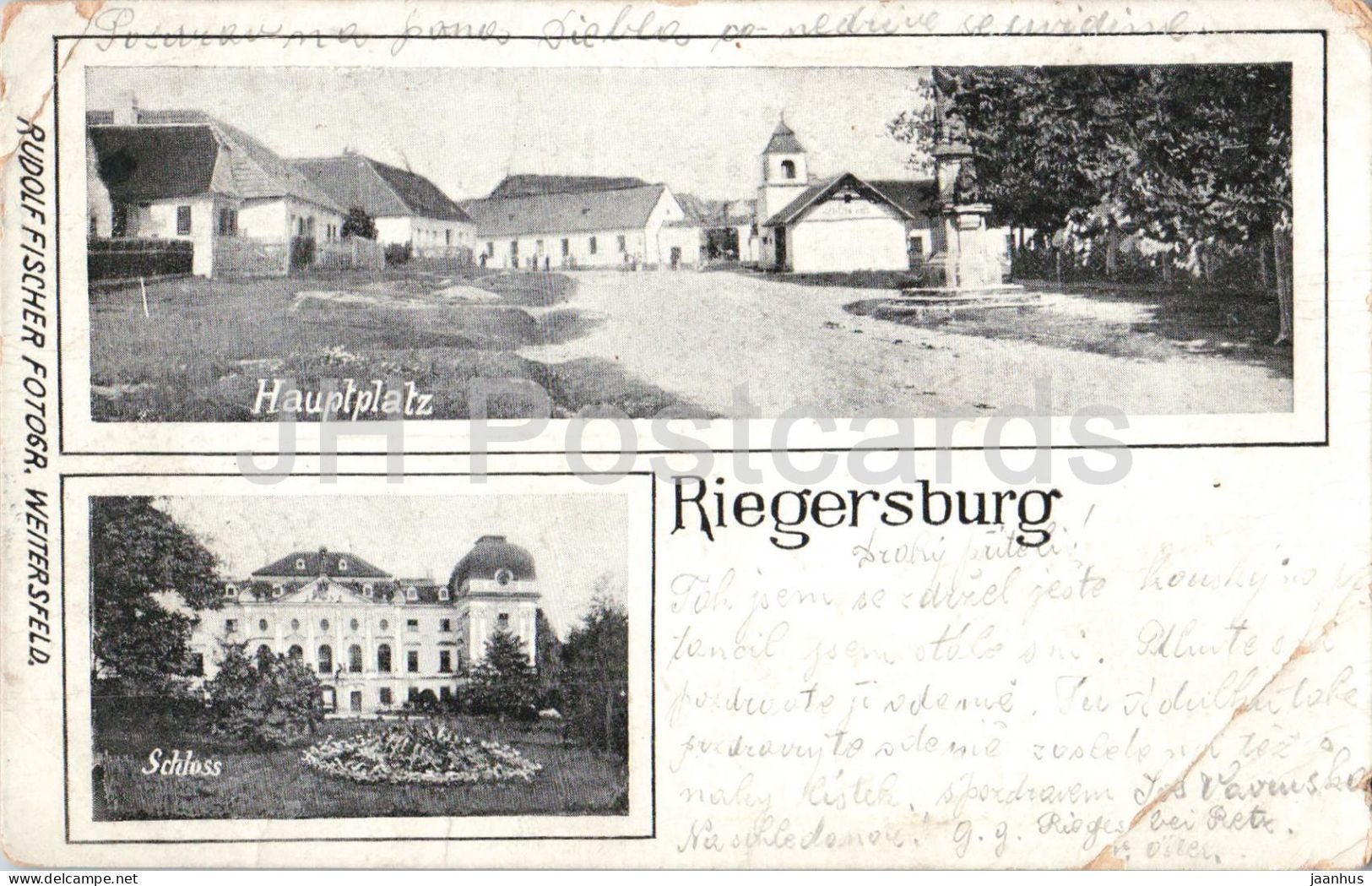 Riegersburg - Hauptplatz - Schloss - village square and castle - old postcard - Austria - used - JH Postcards