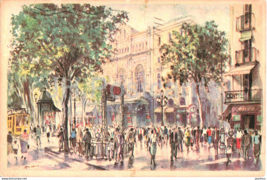 Barcelona - Rambla del Centro y Gran Teatro del Liceo - Lopez Ramon - illustration - old postcard - Spain - used - JH Postcards