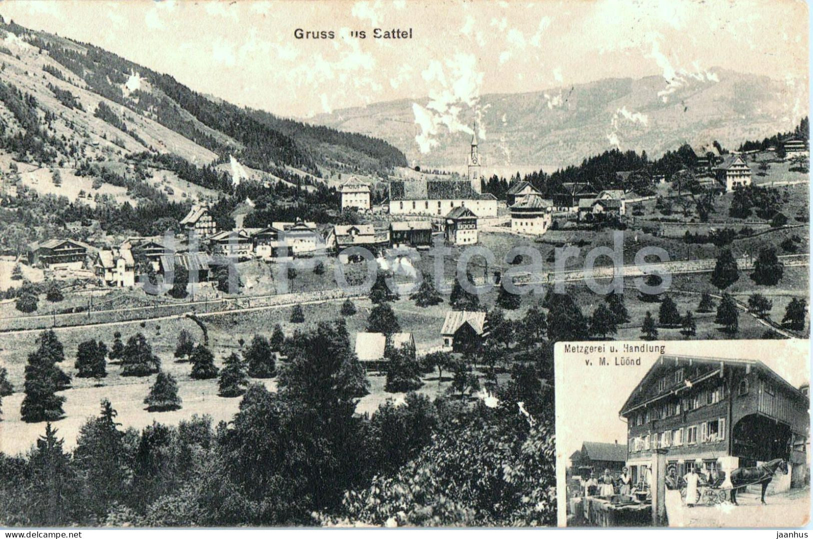 Gruss aus Sattel - Metzgerei u. Handlung v. M. Luond - old postcard - 1916 - Switzerland - used - JH Postcards