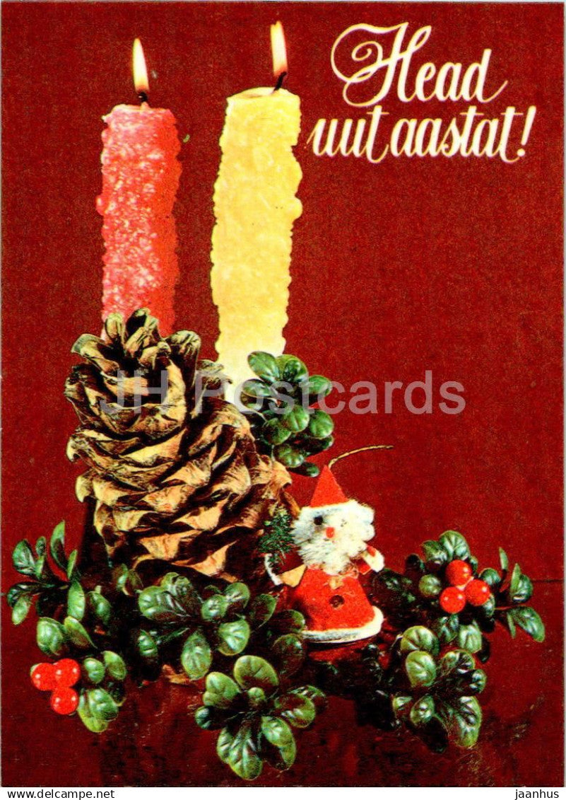 New Year Greeting card - 2 - candles - cone - 1982 - Estonia USSR - used - JH Postcards
