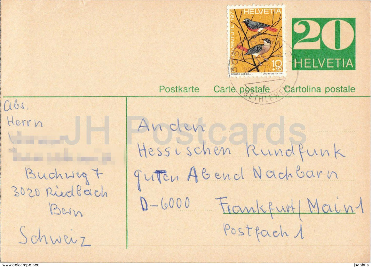 Guten Abend Nachbarn - Hessischer Rundfunk - postal stationery - 11 - 1972 - Switzerland - used - JH Postcards
