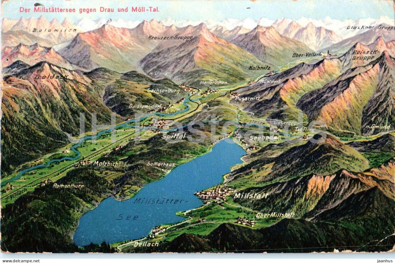 Der Millstattersee gegen Drau und Moll-Tal - map view  mountains lakes - 741 - old postcard - 1920s - Austria - used - JH Postcards