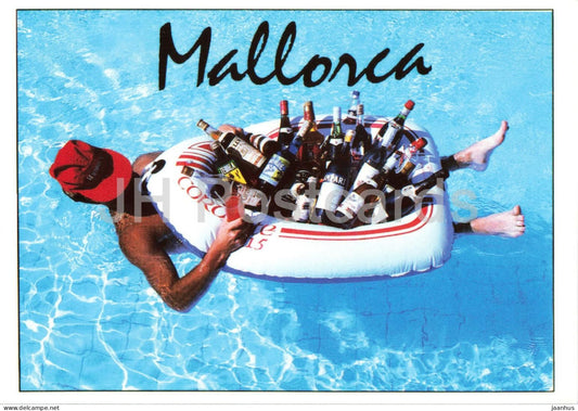 Mallorca - Pool fun with wine bottles - humor card - holiday lifestyle parody - Spain - used - JH Postcards