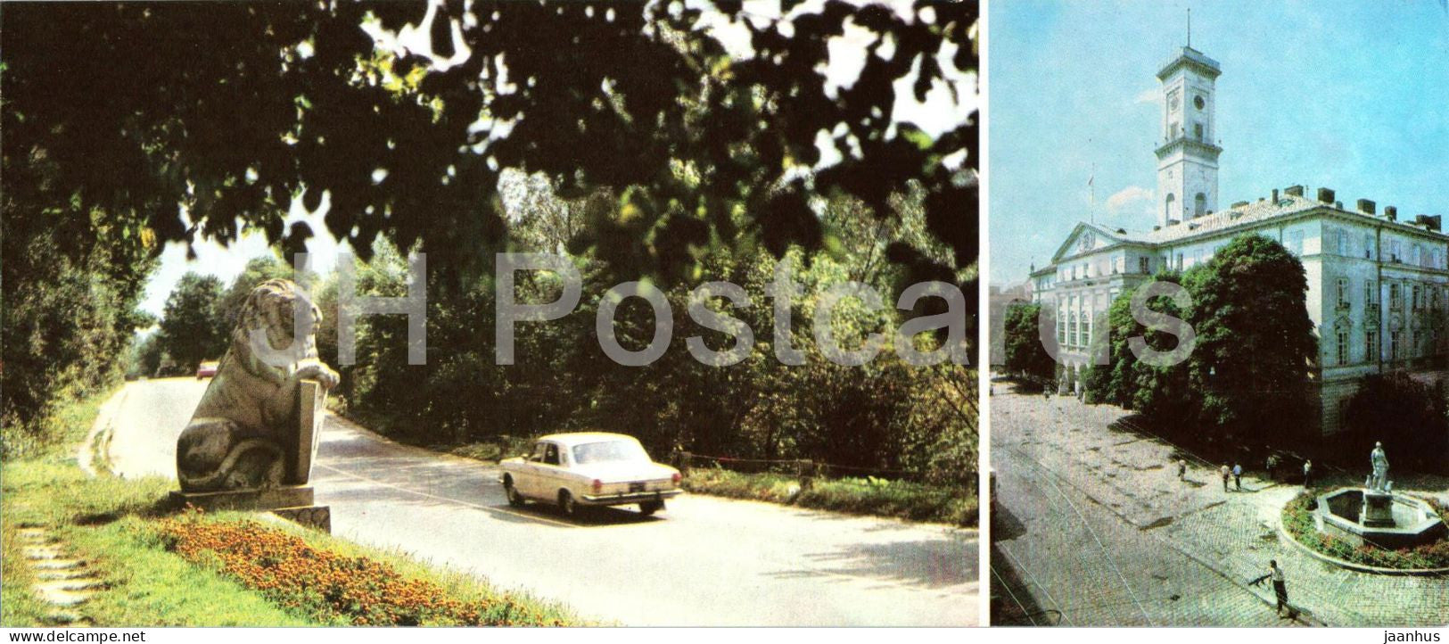 Lviv - Entrance to the City - City Council Building - car Volga - 1985 - USSR Ukraine - unused - JH Postcards