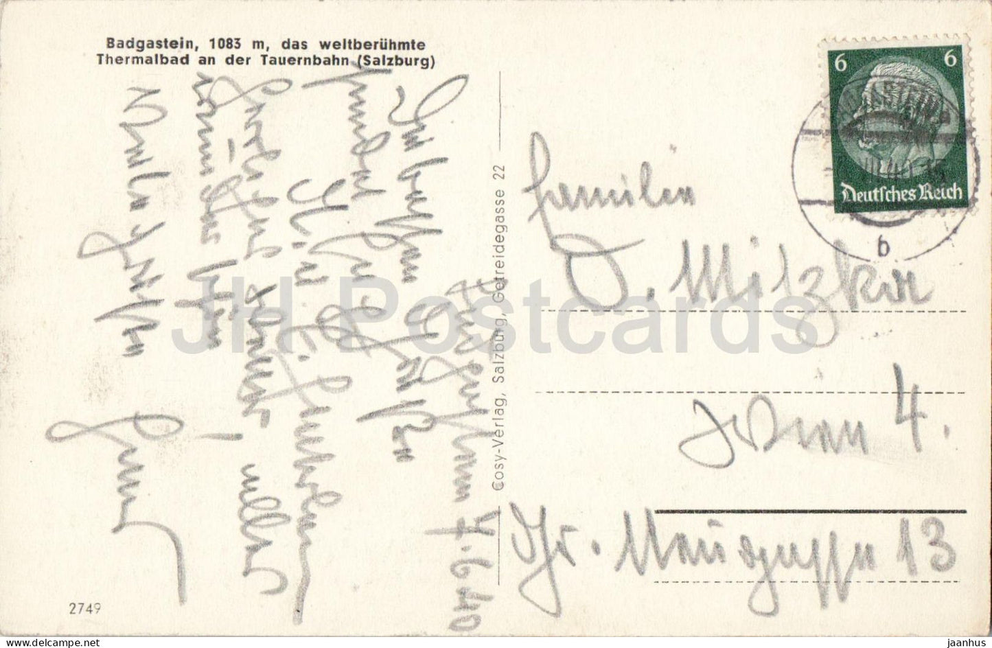 Badgastein 1083 m - Oberer Wasserfall - Thermalbad an der Tauernbahn Salzburg - carte postale ancienne - 1940 - Autriche - utilisé 