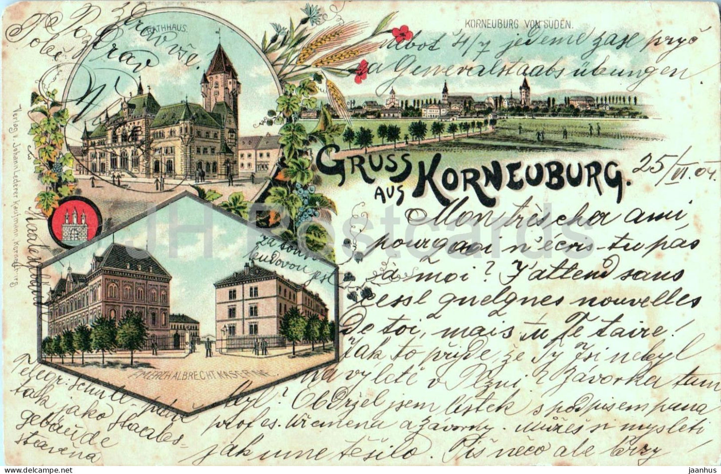 Gruss aus Korneuburg - Rathaus - Kaserne - Kroneubueg von Suden - Litho - old postcard - 1904 - Austria - used - JH Postcards