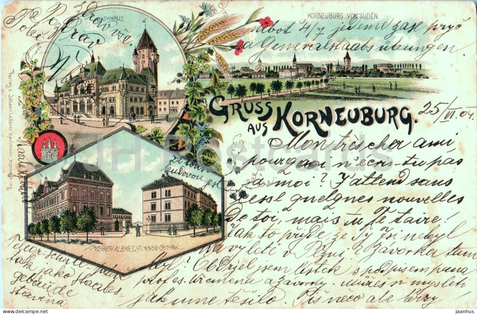 Gruss aus Korneuburg - Rathaus - Kaserne - Kroneubueg von Suden - Litho - old postcard - 1904 - Austria - used - JH Postcards