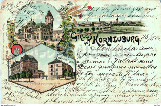 Gruss aus Korneuburg - Rathaus - Kaserne - Kroneubueg von Suden - Litho - old postcard - 1904 - Austria - used - JH Postcards