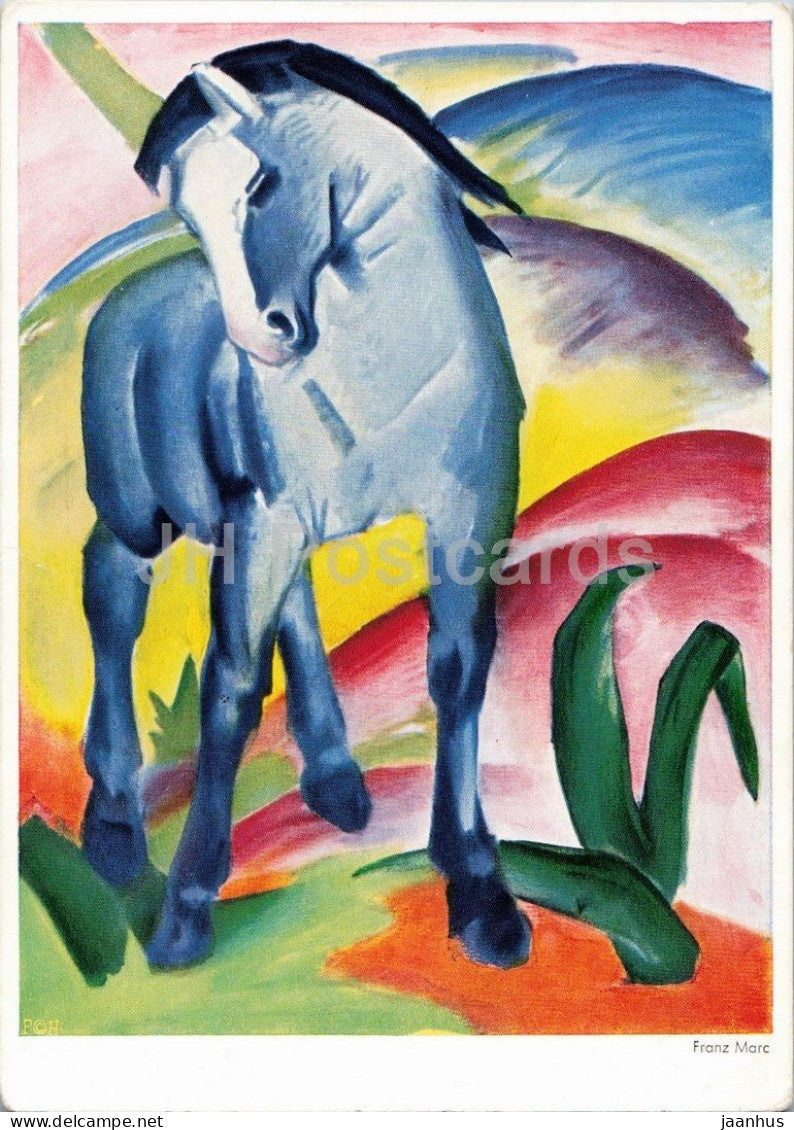 painting by Franz Marc - The Blue Horse - Blaues Pferd - horse - German art - old - 1955 - Germany - used - JH Postcards