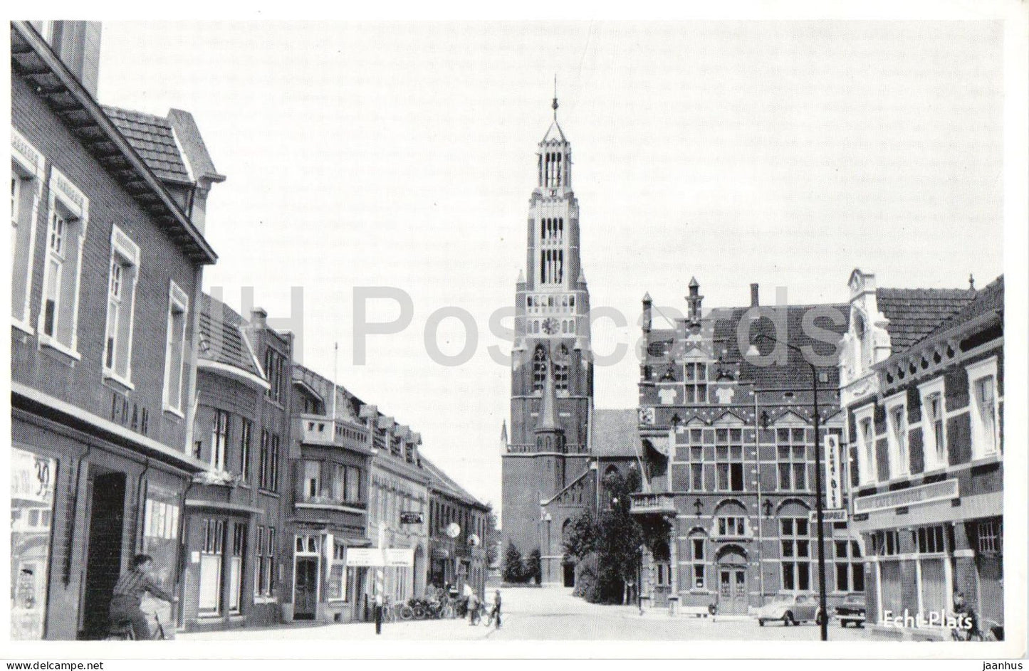 Echt - Plats - town square - church tower - street view - old postcard - Netherlands - used - JH Postcards