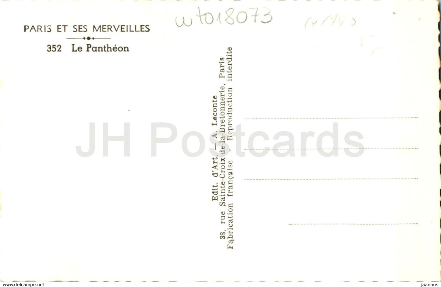Paris und seine Wunder - Le Pantheon - Auto - Kuppel - Säulen - Architektur - 352 - alte Postkarte - Frankreich - unbenutzt