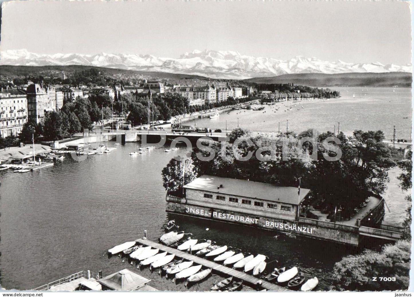 Zurich - Insel Restaurant Bauschanzli - lake - boat - Alps panorama - restaurant - 7003 - 1973 - Switzerland - used - JH Postcards