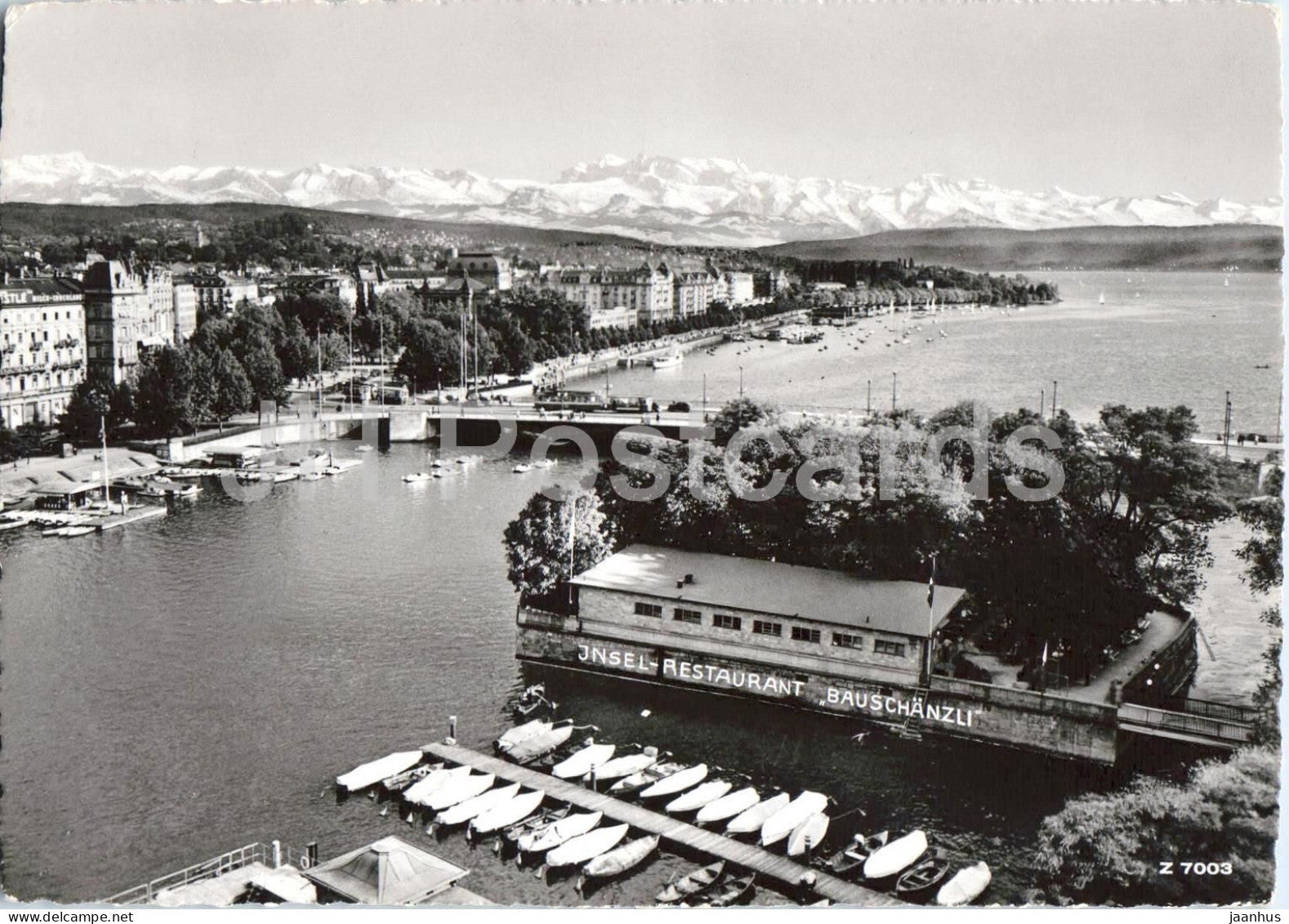 Zurich - Insel Restaurant Bauschanzli - lake - boat - Alps panorama - restaurant - 7003 - 1973 - Switzerland - used - JH Postcards
