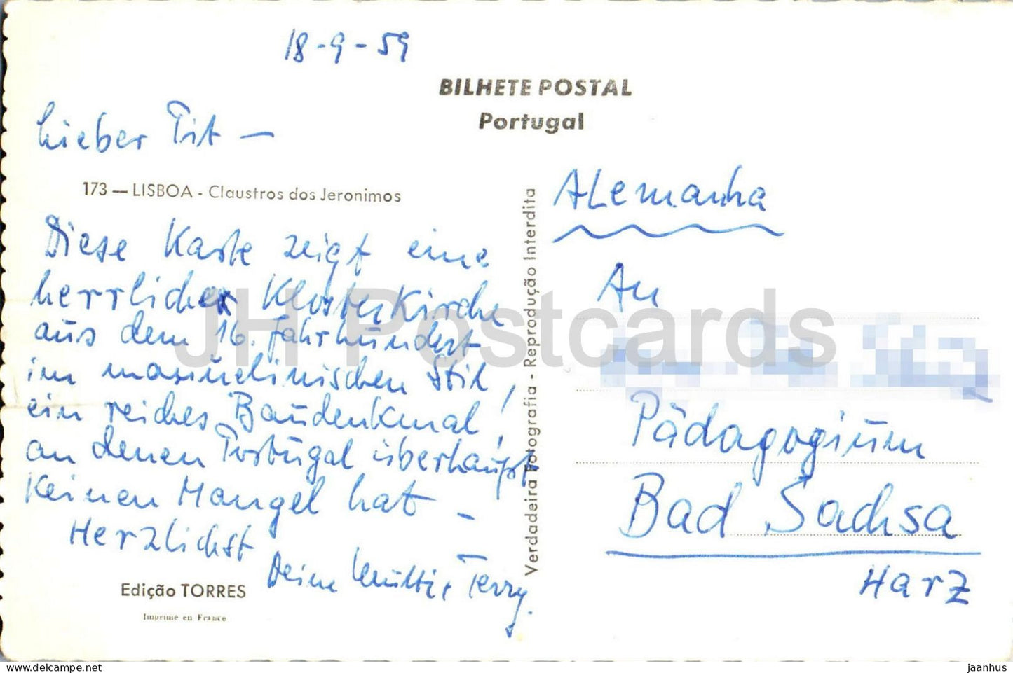 Lissabon - Lisboa - Claustros dos Jeronimos - Jeronimos-Kloster - 173 - alte Postkarte - 1959 - Portugal - gebraucht