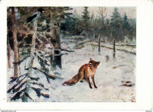 painting by Alexei Stepanov - The Crow and the Fox - fox - birds - old postcard Russian art 1958 - Russia USSR - unused - JH Postcards