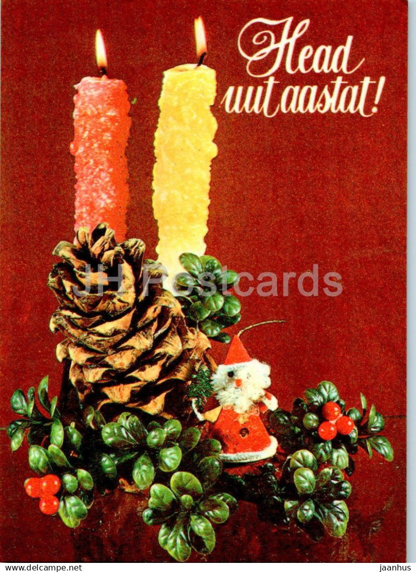 New Year Greeting card - 3 - candles - cone - 1982 - Estonia USSR - used - JH Postcards