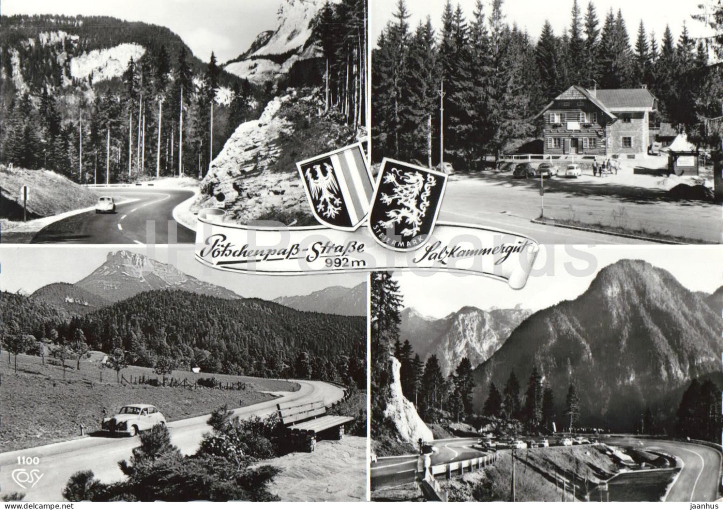 Potschenpass Strasse 992 m - Salzkammergut - mountain road - car - multiview - 1100 - old postcard - Austria - unused - JH Postcards
