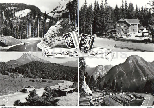 Potschenpass Strasse 992 m - Salzkammergut - mountain road - car - multiview - 1100 - old postcard - Austria - unused - JH Postcards