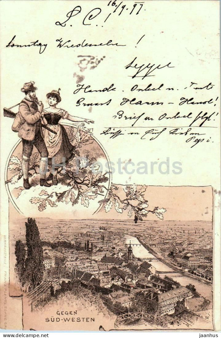 Gruss aus Graz - Gegen Sud-Westen - panorama - couple - hunter - illustration - Litho - 1897 - Austria - used - JH Postcards