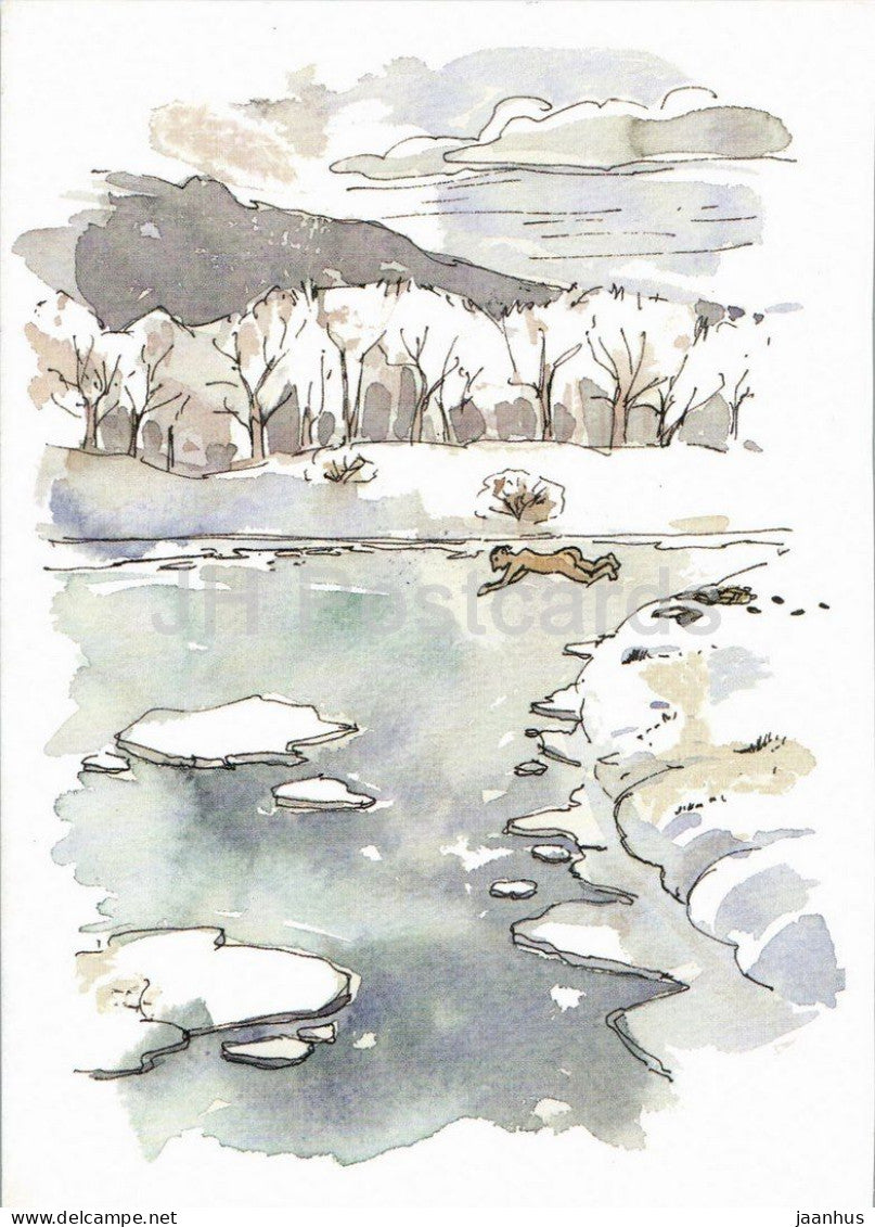 watercolor illustration - winter river landscape with ice floes - swimming - landscape art - 2004 - Germany - used - JH Postcards