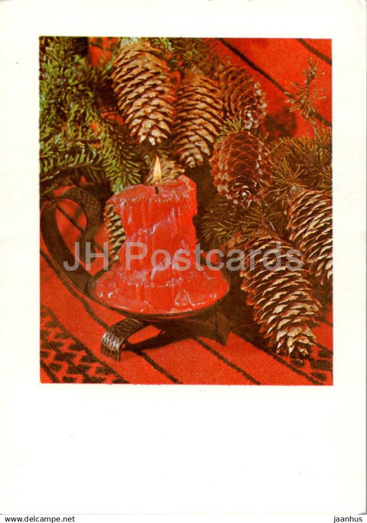 New Year Greeting card - 2 - fir cones - candle - 1980 - Estonia USSR - used - JH Postcards