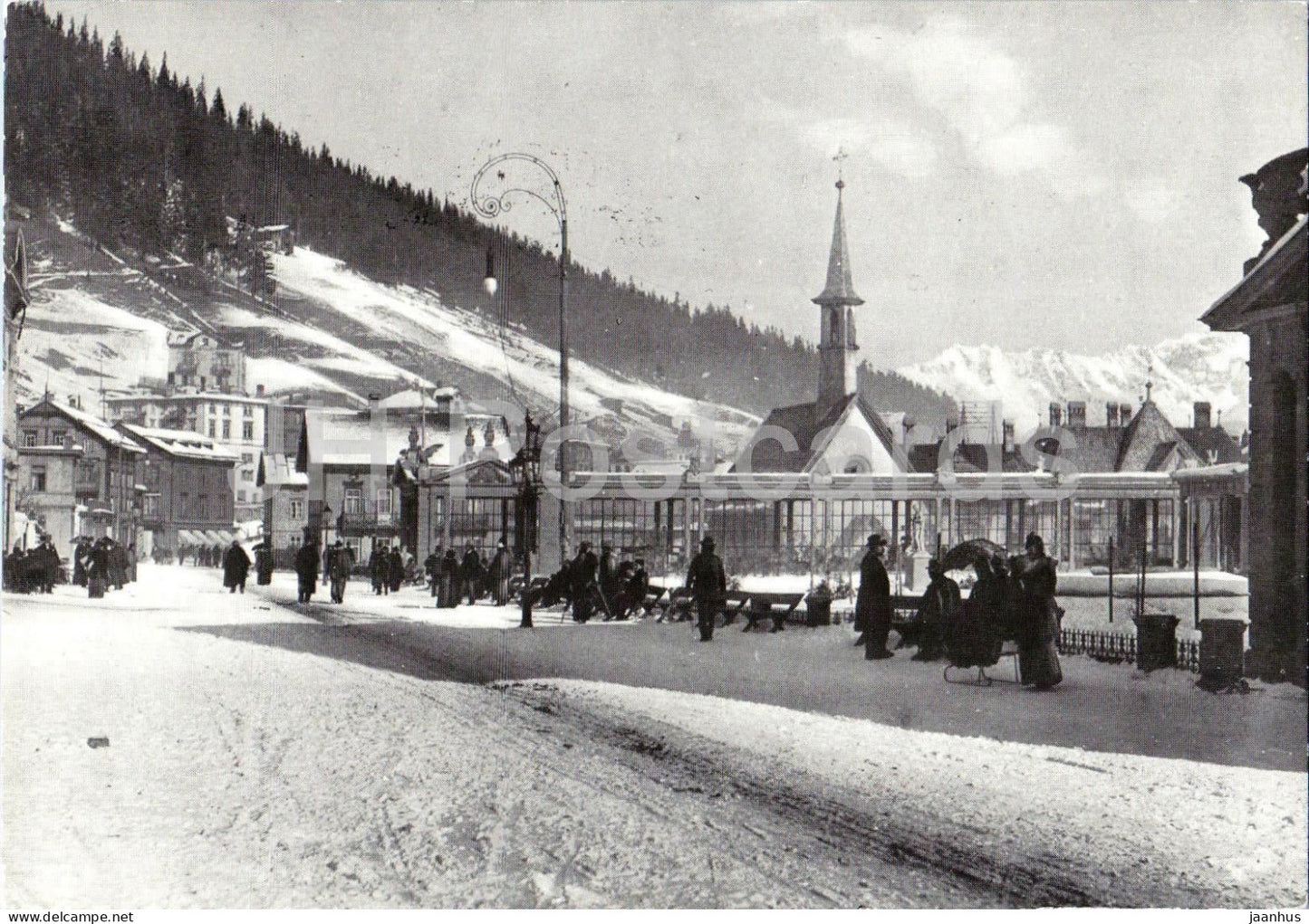 Kurpromenade in Davos Platz - street view - church - historic town - reproduction - 1975 - Switzerland - used - JH Postcards