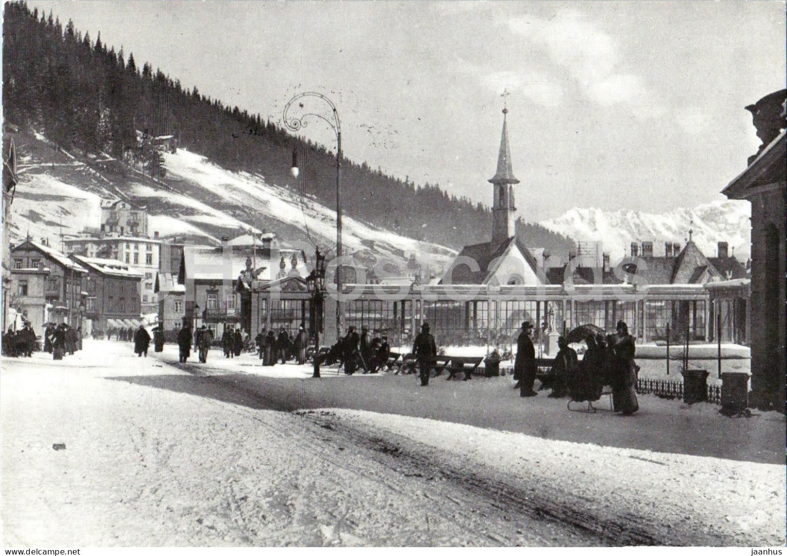 Kurpromenade in Davos Platz - street view - church - historic town - reproduction - 1975 - Switzerland - used - JH Postcards