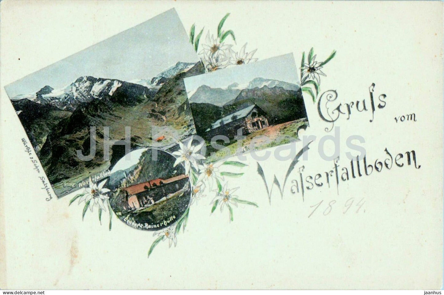 Gruss vom Wasserfallboden - Rainerhutte - alpine view - huts - edelweiss flowers - 164 - old postcard - Austria - unused - JH Postcards