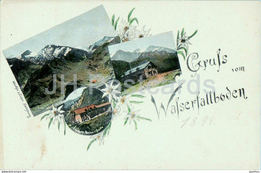 Gruss vom Wasserfallboden - Rainerhutte - alpine view - huts - edelweiss flowers - 164 - old postcard - Austria - unused - JH Postcards
