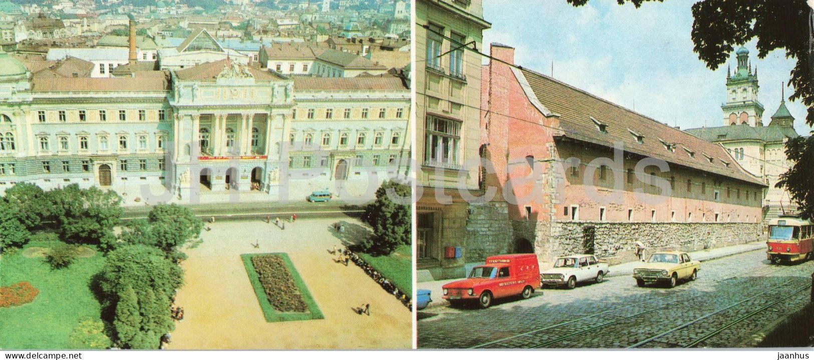 Lviv - Ivan Franko State University - Arsenal Museum Building - car Volga Zhiguli Izh tram 1985 - USSR Ukraine - unused - JH Postcards