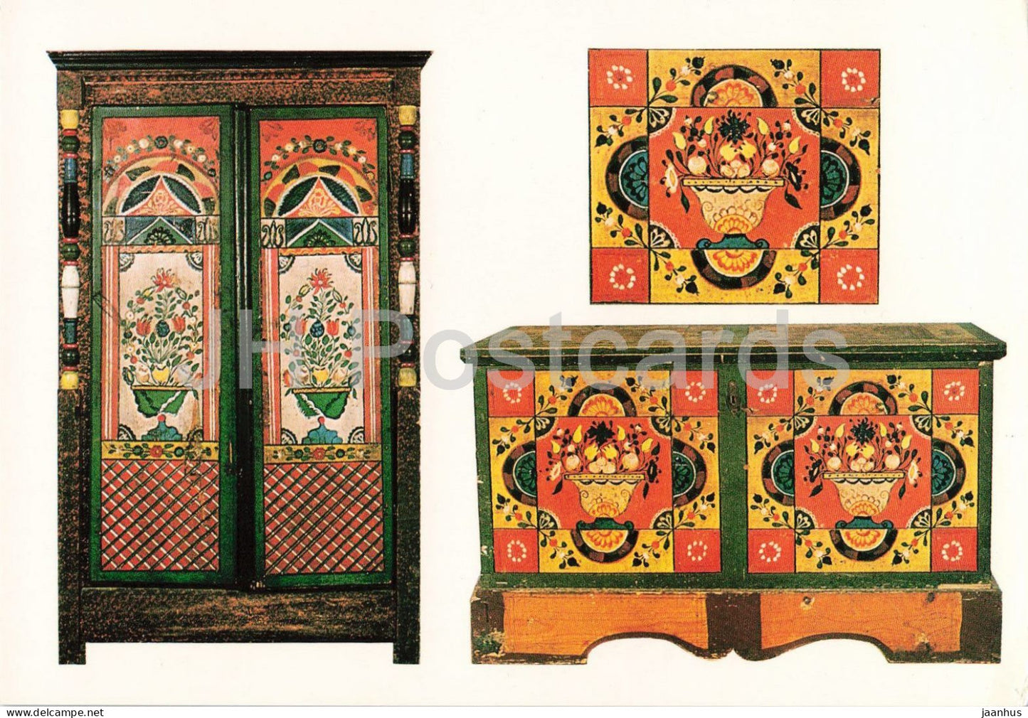 painted wardrobe and chest from Brloh and Holasovice - Czech folk art - 1970s - Czechoslovakia - unused - JH Postcards