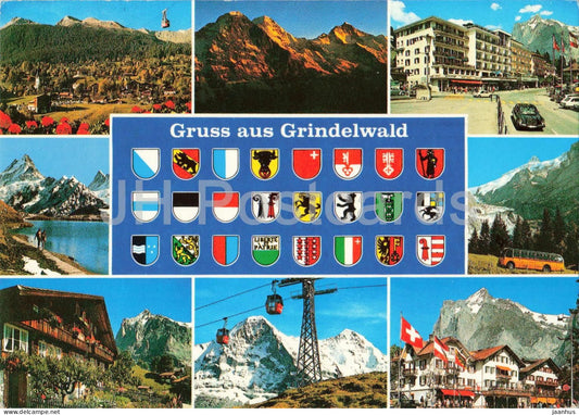 Gruss aus Grindelwald - village panorama - mountains - Alps - cable car - multiview - 2174 - 1984 - Switzerland - used - JH Postcards