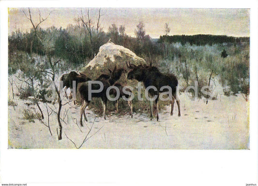 painting by Alexei Stepanov - Elks - elk - animals - Russian art - 1961 - Russia USSR - unused - JH Postcards