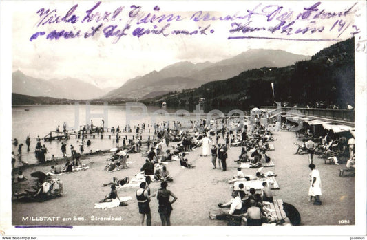 Millstatt am See Strandbad - bathing beach - swimmers - lake view - 1081 - old postcard - 1928 - Austria - used - JH Postcards