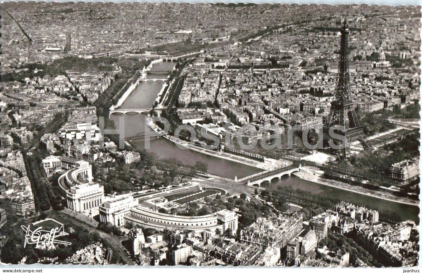 Paris - Vue aerienne - Le Palais de Chaillot, la Seine la Tour Eiffel aerial view 109 - old postcard - France - unused - JH Postcards