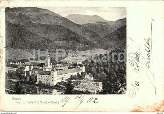 Gruss aus Lilienfeld - monastery with forested mountains - old postcard - 1902 - Austria - used - JH Postcards